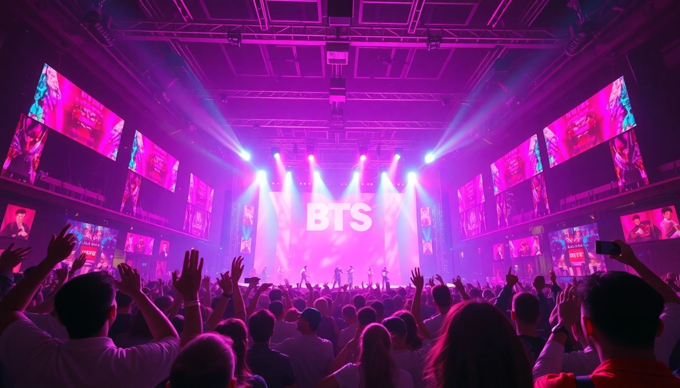 BTS news from a vibrant concert featuring energetic fans and colorful stage lights.
