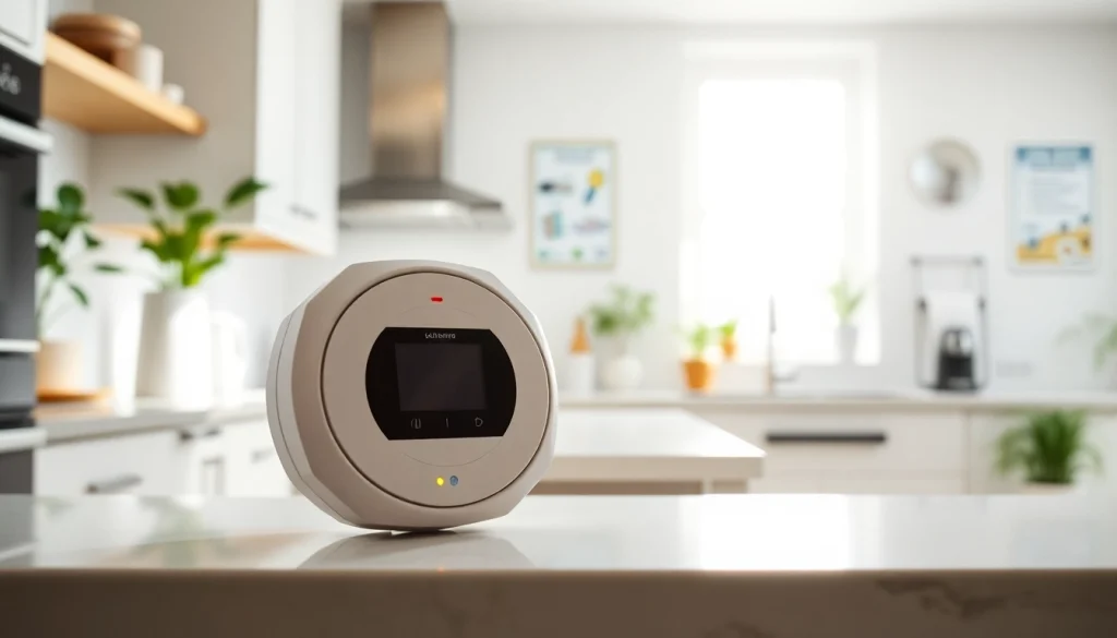 Carbon monoxide detector beeping with a glowing alert in a modern kitchen setting.