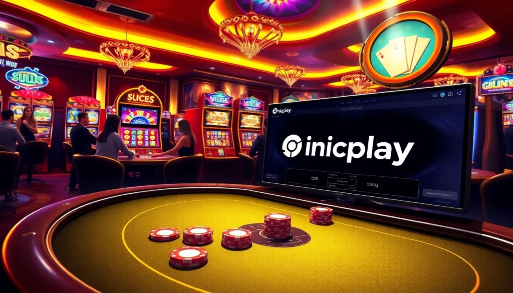 Gamblers enjoying a lively Onicplay casino experience with slot machines and poker chips.