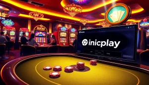 Gamblers enjoying a lively Onicplay casino experience with slot machines and poker chips.
