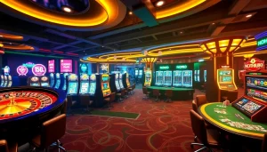 Experience the thrill of NOHU90 with exciting casino gaming scenes showcasing slots and card tables.