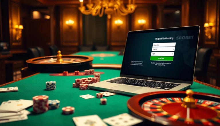 SBOBET login interface on a stylish laptop in a luxurious casino setting with poker chips and cards.