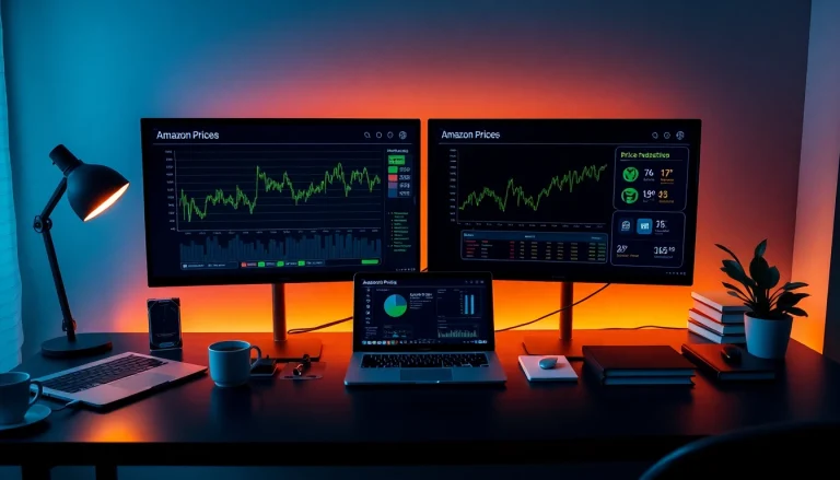 Infosec workspace with monitors showing Amazon price tracking data and cybersecurity tools.