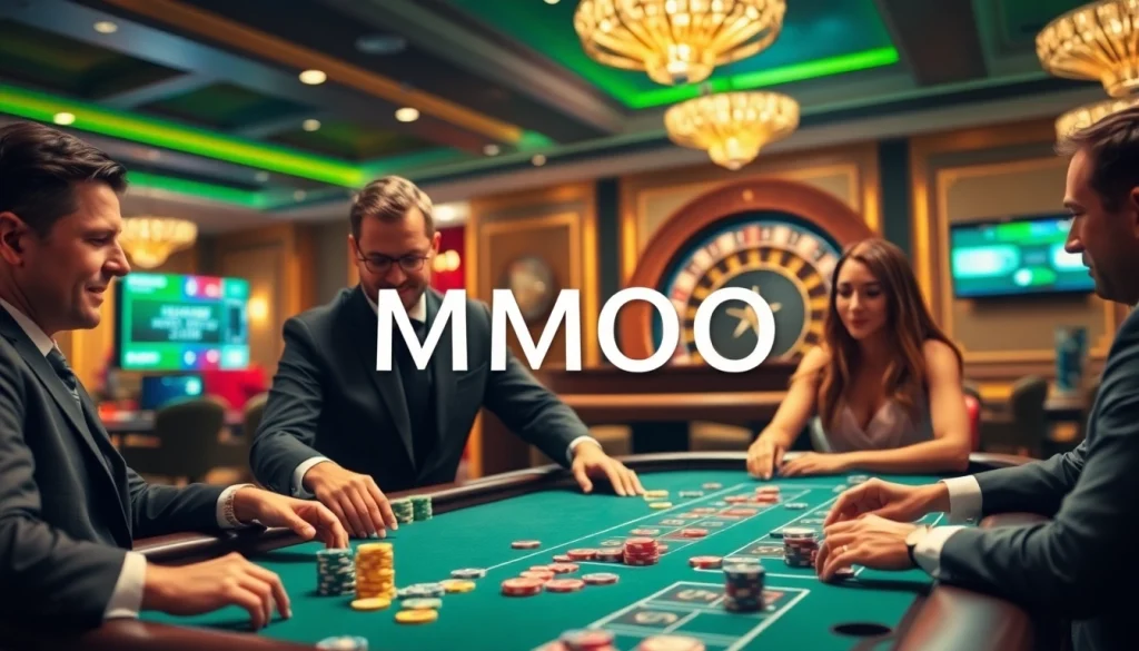 MMOO casino scene showcasing poker chips being handled at a vibrant gaming table.