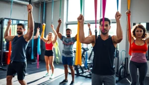 Resistance bands for pull-ups in an energetic gym setting with diverse individuals exercising.