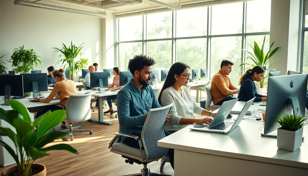 Engaged professionals in a bright typing center, showcasing collaboration in a modern workspace.
