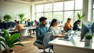 Engaged professionals in a bright typing center, showcasing collaboration in a modern workspace.