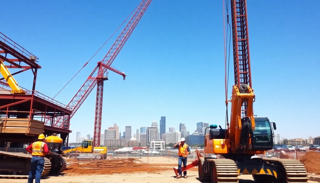 Austin construction site bustling with activity and machinery, illustrating urban development.
