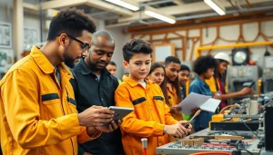 Engaged apprentices in a Wyoming Electrical Apprenticeship program practicing skills in a modern workshop.