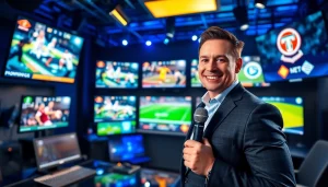 Engaging sports broadcasting anchor discussing live events in a vibrant studio setting.