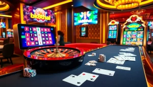 Engaging gaming scene showcasing bk8thai with roulette wheel, poker cards, and slot machine.