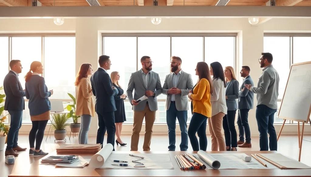A group of professionals from a construction member organization collaborating in a modern office.