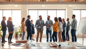 A group of professionals from a construction member organization collaborating in a modern office.