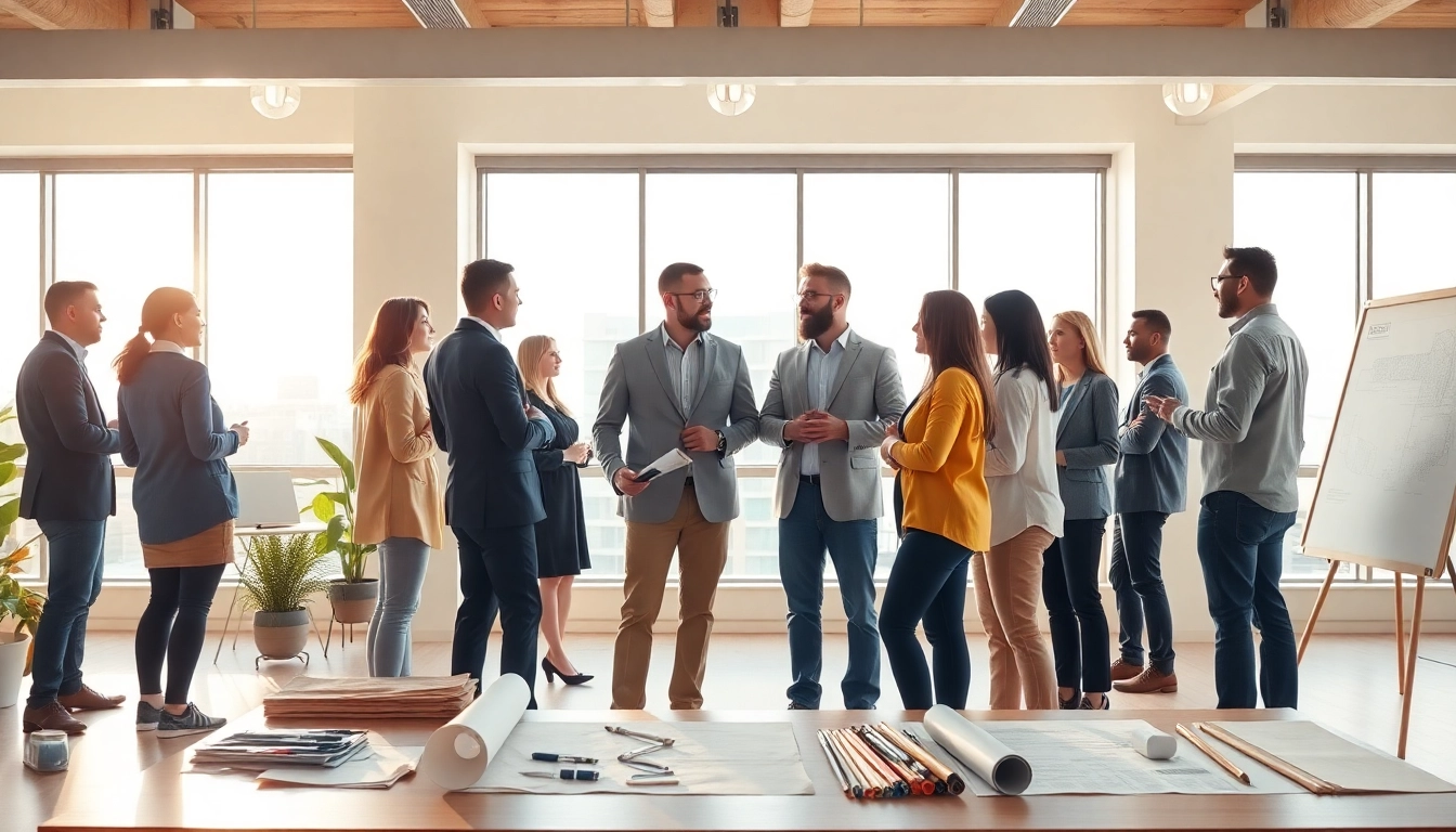 A group of professionals from a construction member organization collaborating in a modern office.