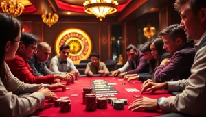 Excited players engaging in high-stakes poker, highlighting link alternatif sbobet for online betting.