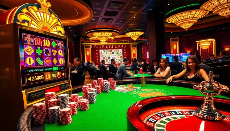 Excited players engaging with IDNSLOT gaming experiences at a lively casino setting.