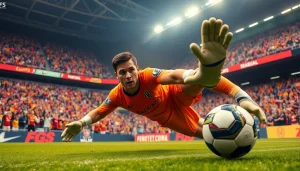 Goalkeeper performing a dramatic save during a thrilling matchup, showcasing ผลบอลพรีเมียร์ลีก.