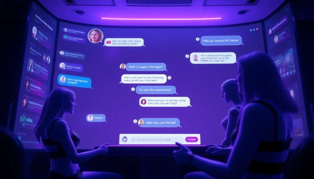 Experience engaging NSFW AI chatbots in a virtual chat room setting with vibrant colors.
