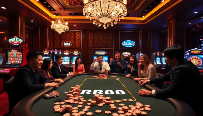 RR88 players strategizing their moves at a luxurious casino poker table.