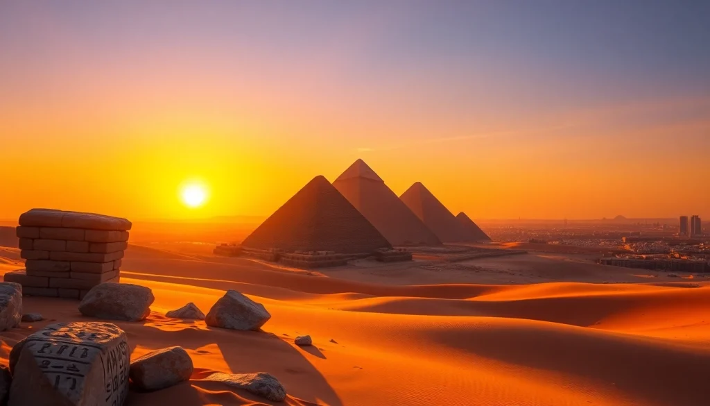 Explore ancient pyramids and their majestic structures in Giza at sunset.