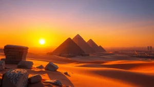 Explore ancient pyramids and their majestic structures in Giza at sunset.