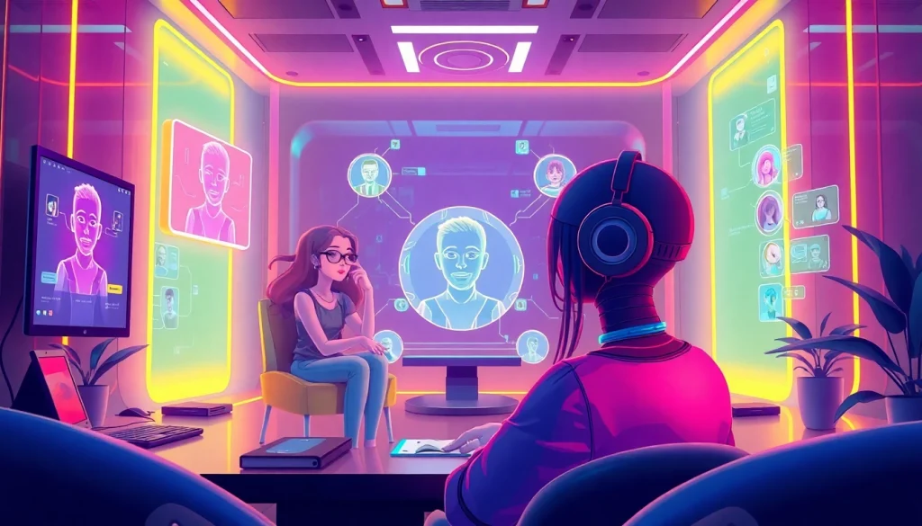 Engaging scene of NSFW character AI in a futuristic digital chat room.