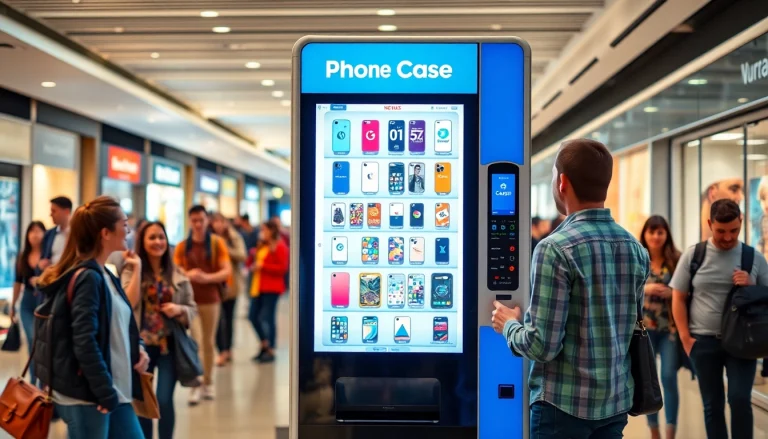 Phone case vending machine offering custom designs in a bustling shopping mall.