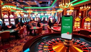 Engaging players enjoying Gopay88 at a vibrant casino scene with slot machines and roulette.