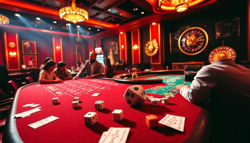 Experience the thrill of gambling at RR88 link with players enjoying poker and roulette in an upscale casino setting.