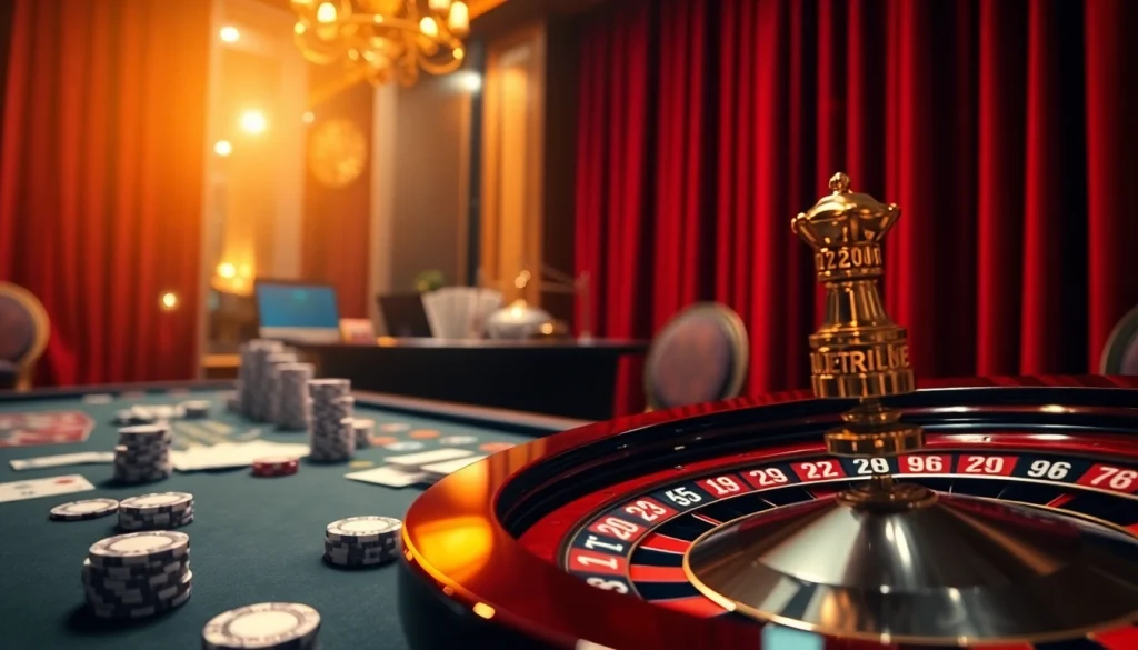 Experience high-stakes gaming at rr88c.mobi with dazzling poker chips and an elegant roulette wheel.