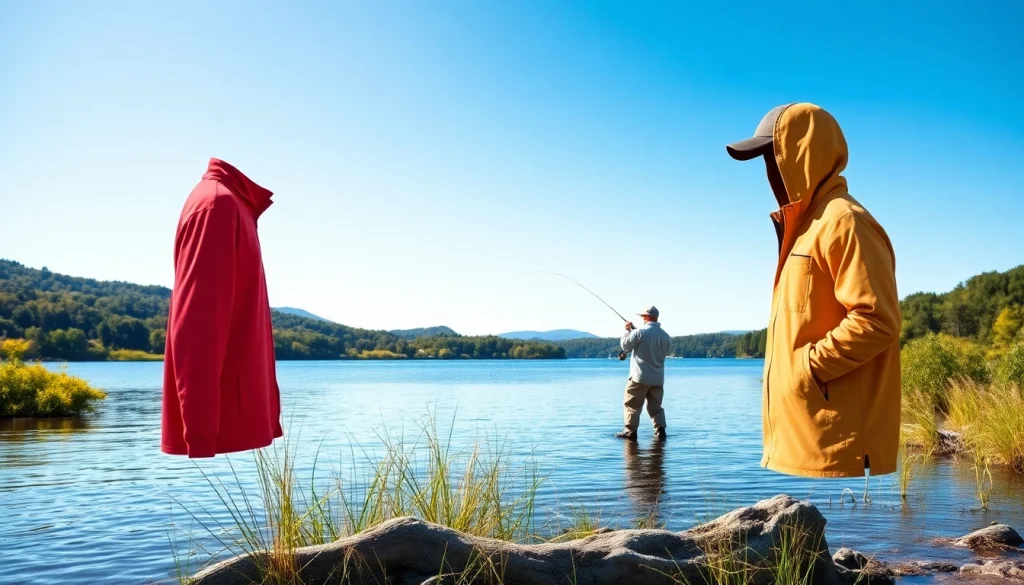 Showcasing fly fishing apparel in a tranquil lakeside setting with an angler casting lines.
