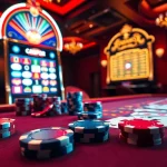 Engage in the onicplay login experience with vibrant poker chips and a glowing slot machine.