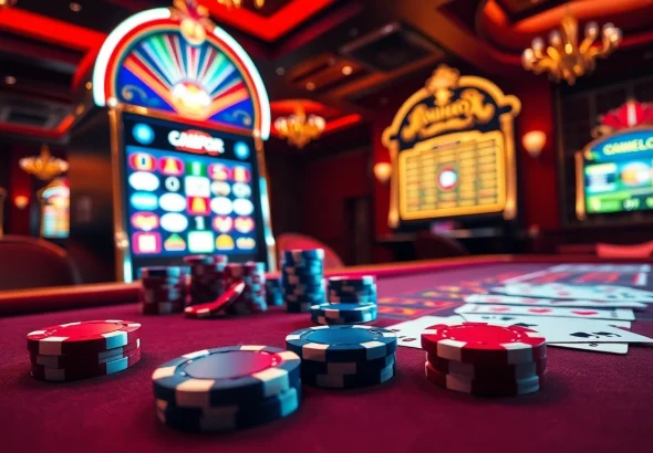 Engage in the onicplay login experience with vibrant poker chips and a glowing slot machine.