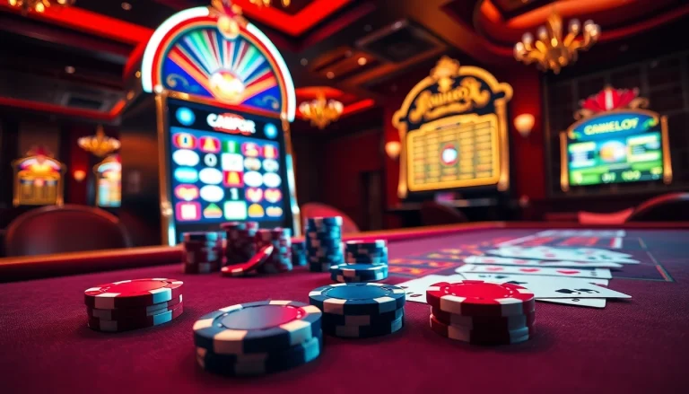 Engage in the onicplay login experience with vibrant poker chips and a glowing slot machine.