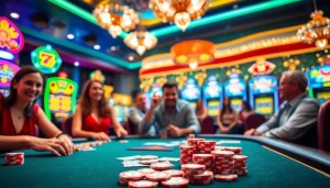 Permainan hoki77 yang menarik dengan chip merah dan hijau di meja poker.