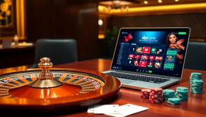 Découvrez un casino en ligne fiable avec une roue de roulette luxueuse, des jetons de poker et une interface de jeu en ligne élégante.
