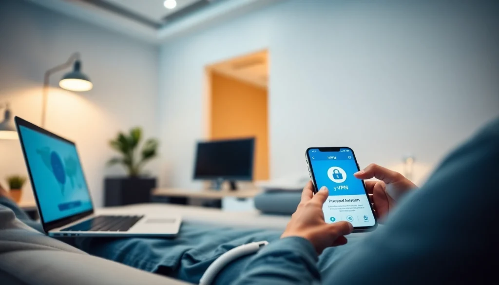 在现代工作空间的多台设备上显示的快连VPN界面，突出安全性和便捷连接。