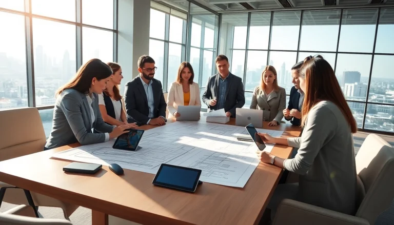 Engage in construction advocacy discussions with professionals in a modern office.