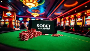 Place your bets on sbobet link alternatif at a luxurious casino table with poker chips and slot machines.