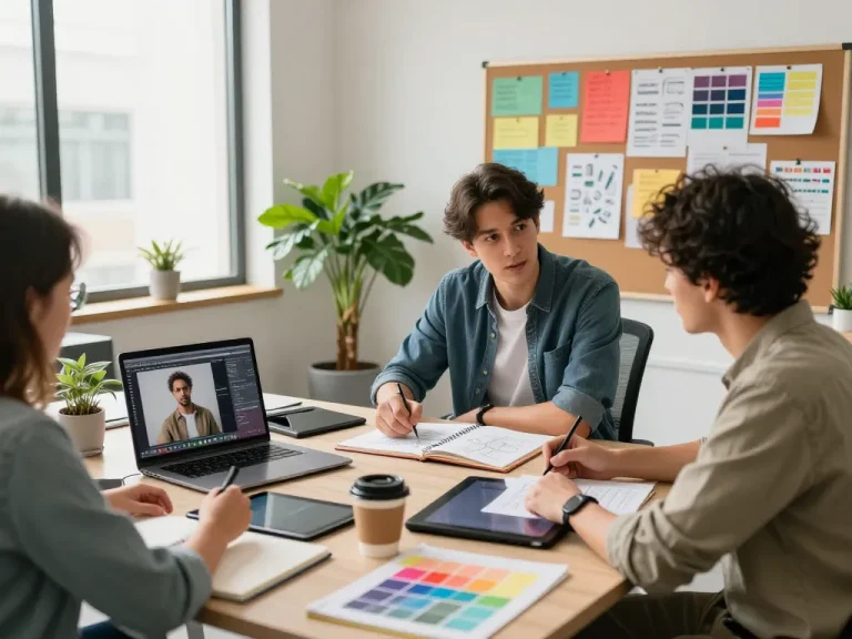 Creative workspace with graphic designer using image to prompt software alongside colorful design tools and mood boards in a bright office.