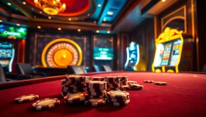 Experience the excitement at mm88.br.com with a vibrant poker table set in a luxurious casino environment.