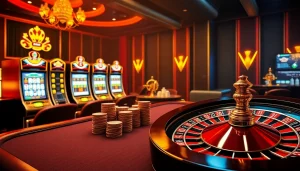 Une image saisissante de casino en ligne mettant en avant des options de jeux fiables, y compris des tables de roulette et de poker.