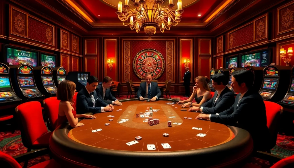 Jeu de poker passionnant à une table de casino en ligne français luxueuse, avec des jetons de poker et des cartes.