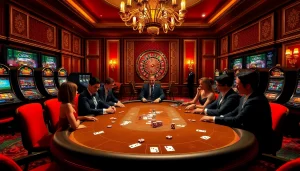 Jeu de poker passionnant à une table de casino en ligne français luxueuse, avec des jetons de poker et des cartes.