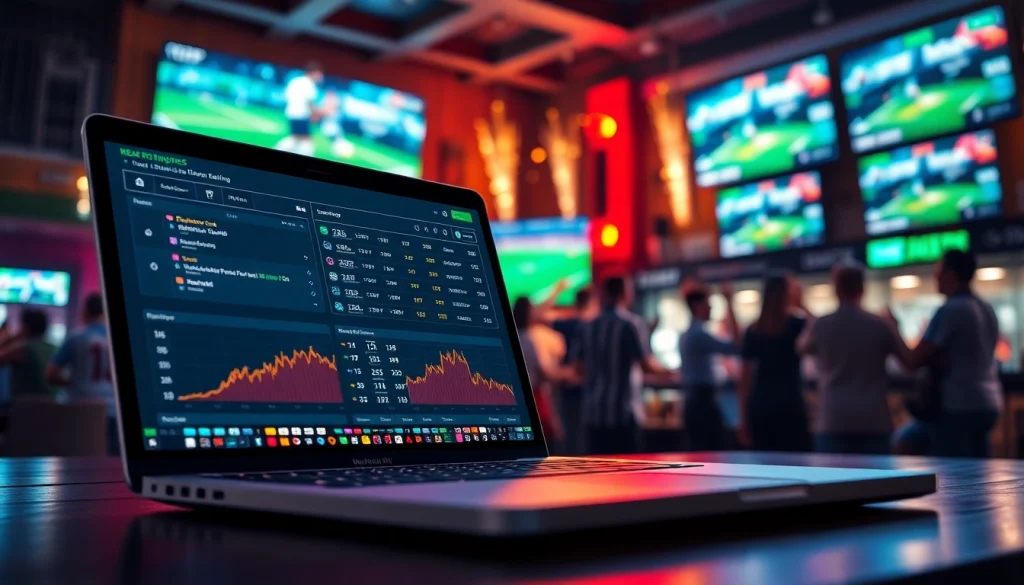 Real-time kèo nhà cái odds displayed on a laptop in a lively sports bar environment.