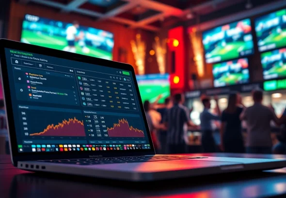 Real-time kèo nhà cái odds displayed on a laptop in a lively sports bar environment.