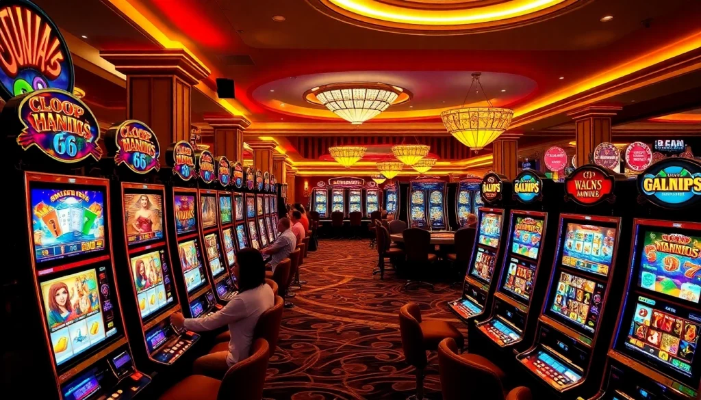 Engaging moment at slot online hari ini with players enjoying colorful slot machines in a luxurious casino setting.