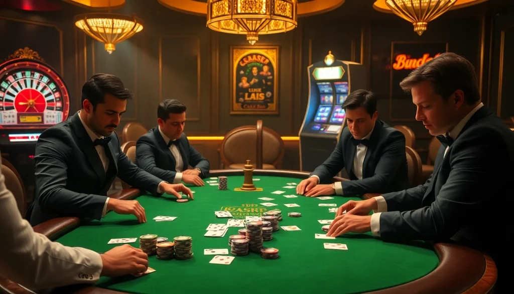 Gamblers engage in high-stakes poker at mm88 casino, illuminated by elegant lights.