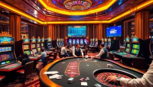 Experience the excitement of SHBET with players at a luxurious casino table engaging in thrilling games.