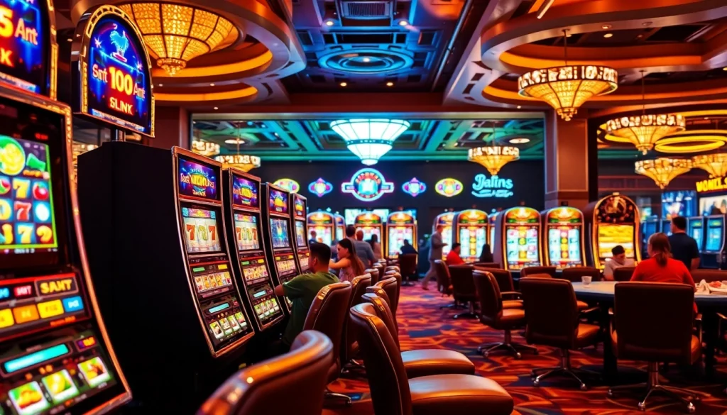 Gamblers enjoying various slot machines in an upscale casino environment